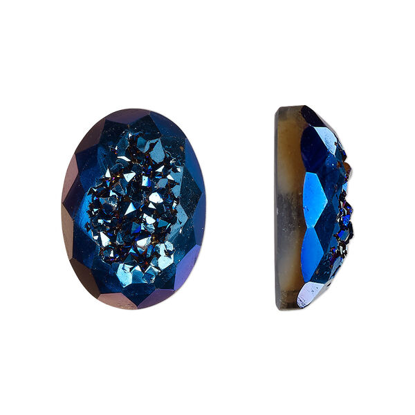 Cabochon, druzy agate (coated), blue, 18x13mm hand-cut loosely calibrated faceted oval, B grade, Mohs hardness 7. Sold individually. image number 0