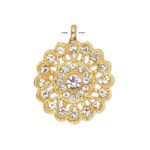 Pendant, glass rhinestone and gold-finished "pewter" (zinc-based alloy), clear, 23mm round. Sold individually.