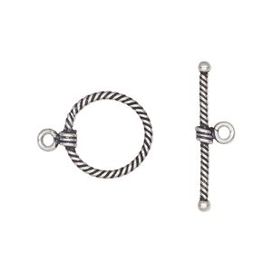 Clasp toggle 1pkg1 sterling silver, 13mm round, antiqued 1-strand