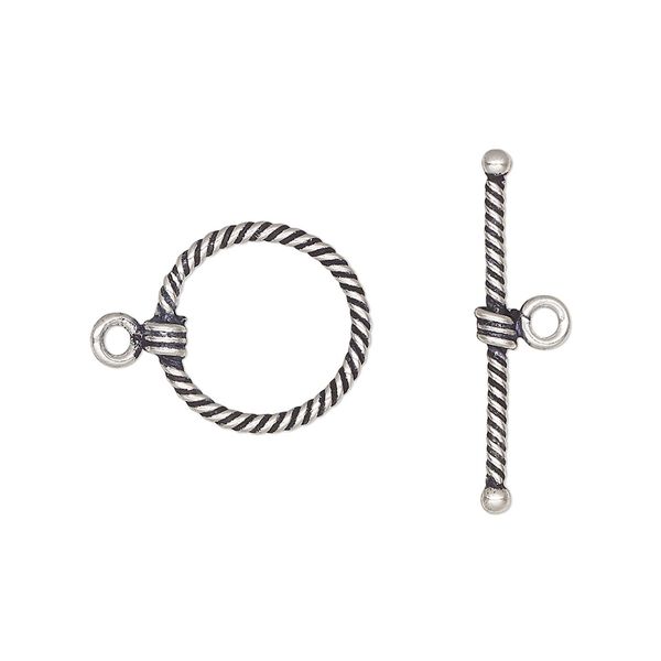 Clasp, antiqued sterling silver, 13mm twisted wire toggle. Sold individually. image number 0