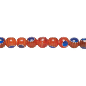 Bead, millefiori glass 1pkg1, translucent red / cobalt blue / white, 6mm round, 15 inches.