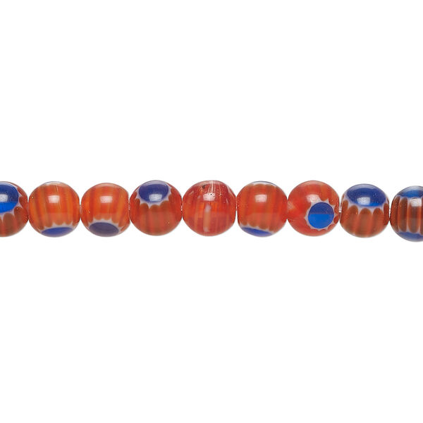 Bead, millefiori glass 1pkg1, translucent red / cobalt blue / white, 6mm round, 15 inches. image number 0