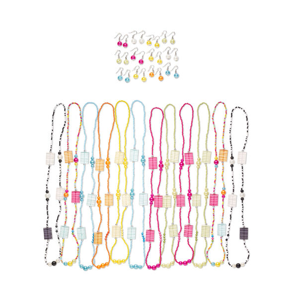 Necklace and earring mix, acrylic / glass seed bead / imitation rhodium-finished steel, mixed colors, 30x20mm flat rectangle, 34-inch continuous loop, 1-1/4 inch earrings with fishhook ear wire. Sold per pkg of 12 sets. image number 0