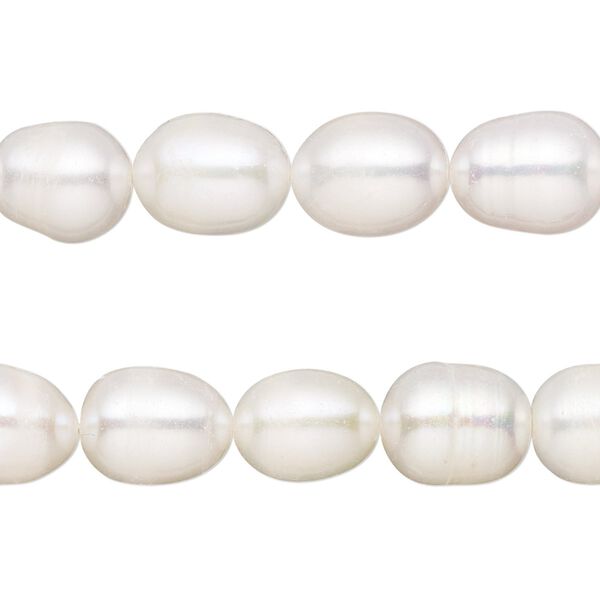 Pearl, cultured freshwater (bleached), white, 9-10mm rice, D grade, Mohs hardness 2-1/2 to 4. Sold per pkg of (2) 14-inch strands. image number 0