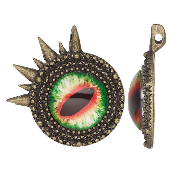 Focal, antique brass-finished "pewter" (zinc-based alloy) and glass, green / red / black, 40mm single-sided round dragon eye. Sold individually. image number 0