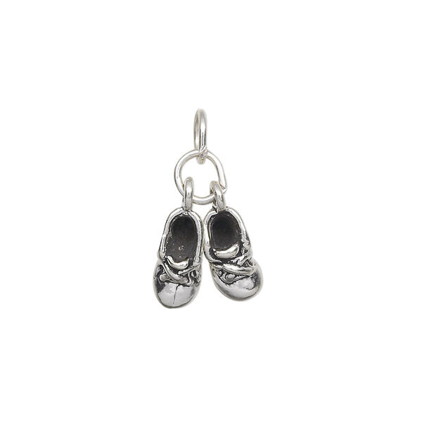 Charm, antiqued sterling silver, 10x5mm pair of baby shoes. Sold individually. image number 0