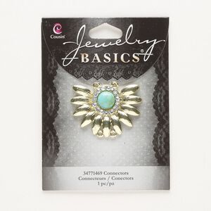 Focal, gold-finished "pewter" (zinc-based alloy) / glass / resin, clear and turquoise blue, 40x34mm fancy with 4 loops. Sold individually.