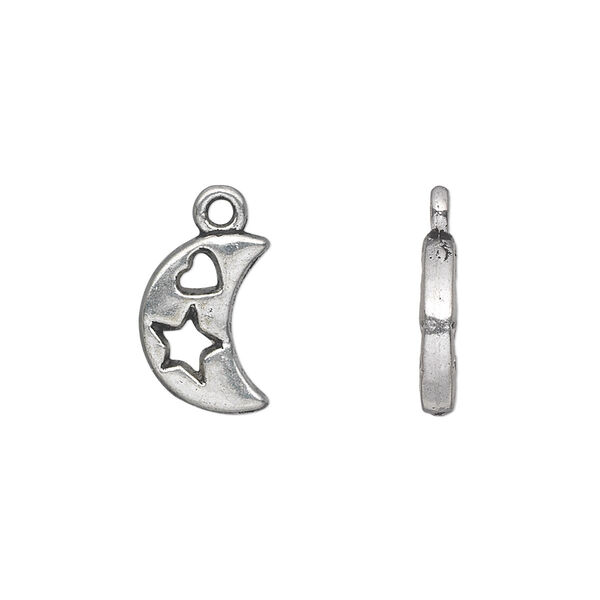 Charm, antique silver-plated "pewter" (zinc-based alloy), 13x10mm double-sided moon with cutout star and heart. Sold per pkg of 20. image number 0