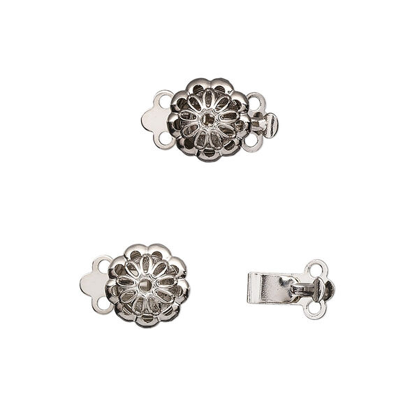 Clasp, 2-strand tab, imitation nickel-plated brass, 9x9mm flower. Sold per pkg of 10. image number 0