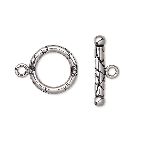 Clasp, toggle, enamel and stainless steel, black, 15mm round with lines. Sold per pkg of 10. image number 0