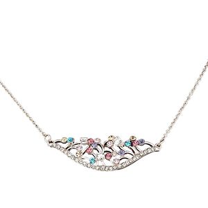 Necklace, glass rhinestone / rose gold-coated plastic / rose gold-finished steel / "pewter" (zinc-based alloy), multicolored, 50x16mm nest, 16 inches with 2-1/2 inch extender chain and lobster claw clasp. Sold individually.