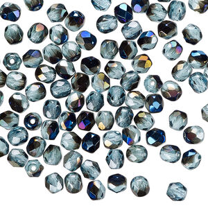 Bead 1pkg100 Czech fire-polished glass, teal blue iris, 4mm faceted round.