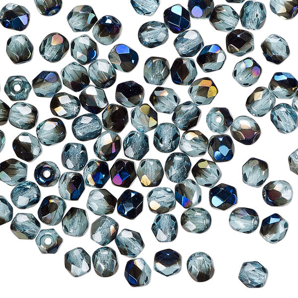 Bead 1pkg100 Czech fire-polished glass, teal blue iris, 4mm faceted round. image number 0