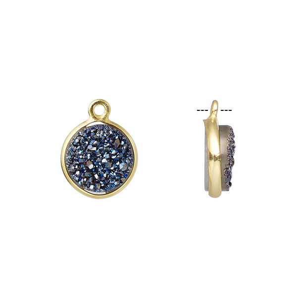Drop, titanium- / electro-coated druzy agate (coated) / gold-finished sterling silver, cobalt, 11mm hand-cut single-sided flat round. Sold individually. image number 0