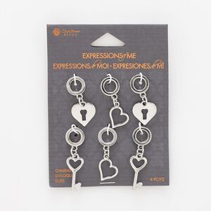 Focal mix, silver-finished "pewter" (zinc-based alloy) and steel, (2) 32x11mm open falling heart / (2) 31x14mm heart lock / (2) 38x10mm heart key with 6.5mm hole. Sold per pkg of 6.