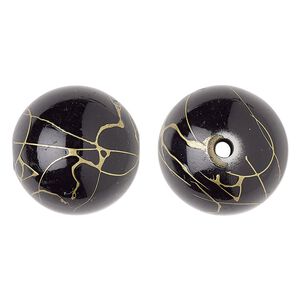 Bead, acrylic, black and gold, 26mm round with swirls. Sold per pkg of 10.