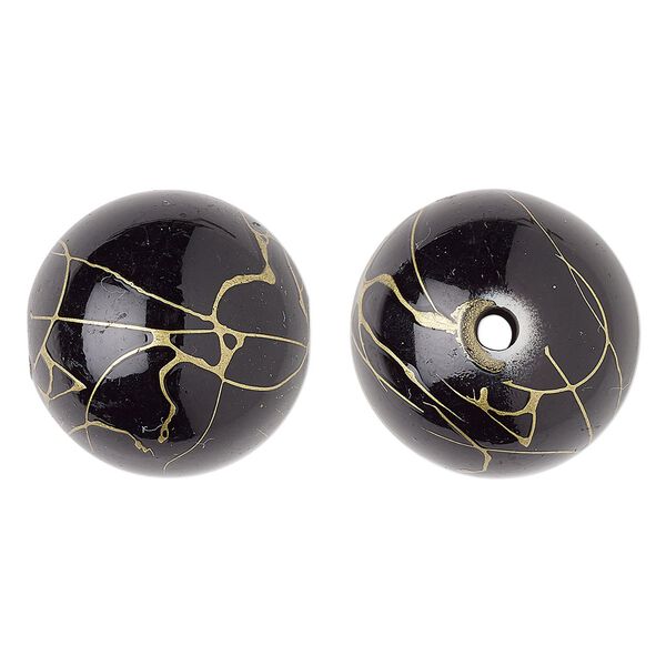 Bead, acrylic, black and gold, 26mm round with swirls. Sold per pkg of 10. image number 0