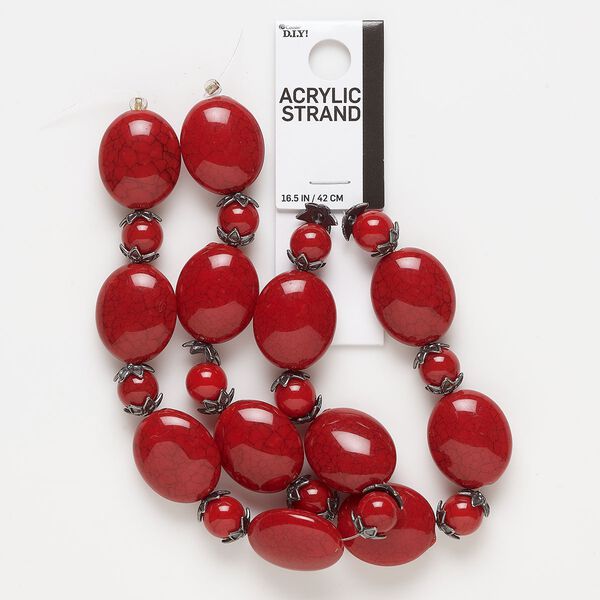 Bead, acrylic and gunmetal-finished "pewter" (zinc-based alloy), red, 23x19mm puffed oval and 10mm round. Sold per 16-1/2 inch strand. image number 0