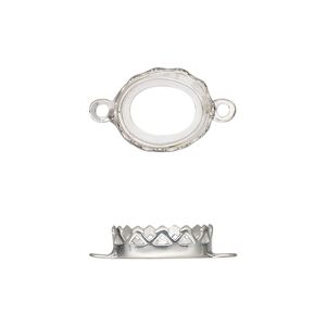 Link, sterling silver, 13.5x11.5mm oval with decorative trim and open back with 12x10mm oval cabochon bezel setting. Sold individually.