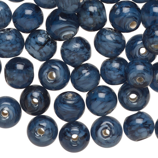Bead, lampworked glass, translucent dark steel blue, 8mm round with swirl design. Sold per 2-ounce pkg, approximately 65 beads. image number 0