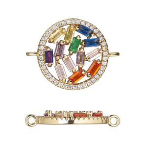 Link, cubic zirconia and gold-finished brass, multicolored, 18mm single-sided round. Sold individually.
