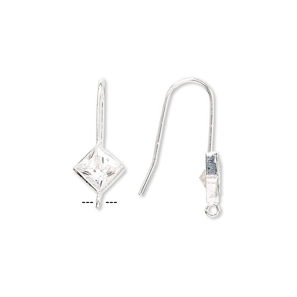 Ear wire, sterling silver and cubic zirconia, clear, 18mm fishhook with 6mm faceted diamond and open loop, 20 gauge. Sold per pair. image number 0