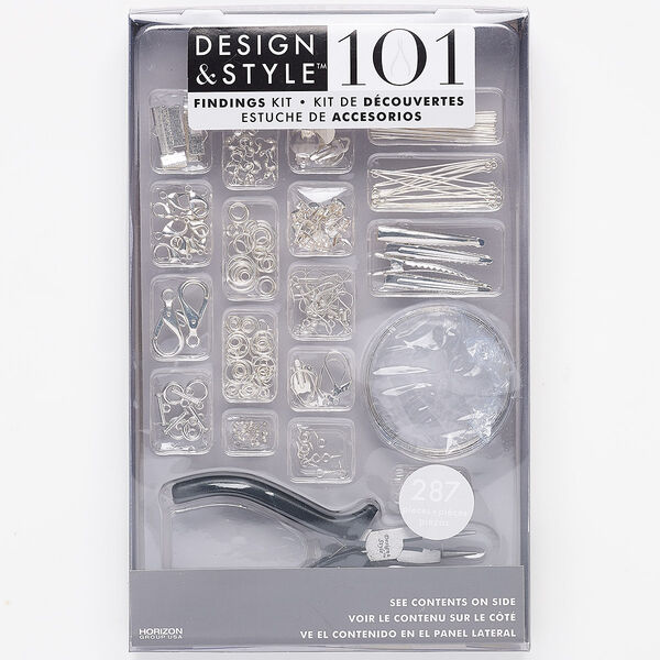 Jewelry-making starter kit, Design & Style, plastic / steel / stainless steel / silver-finished "pewter" (zinc-based alloy), clear and black. Sold per 287-piece set. image number 0