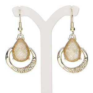 Earring, resin / glass rhinestone / gold-finished brass / "pewter" (zinc-based alloy), gold and light brown, 2 inches with teardrop and fishhook ear wire. Sold per pair.