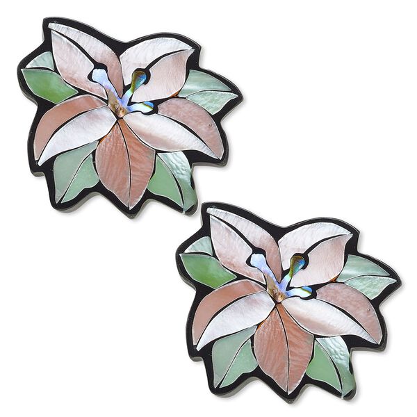 Component, paua shell / common hammer oyster shell / resin (dyed / assembled), black, 26x21mm single-sided flower and leaves. Sold per pkg of 2. image number 0