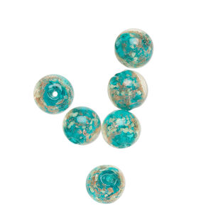 Bead, lampworked glass, clear / teal / glow-in-the-dark / gold, 10mm round. Sold per pkg of 6.