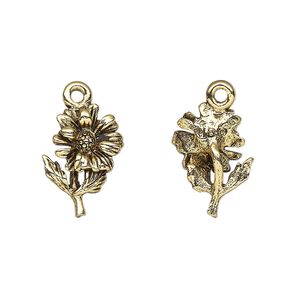 Charm, antique gold-plated pewter (tin-based alloy), 17x12mm single-sided sunflower. Sold per pkg of 2.