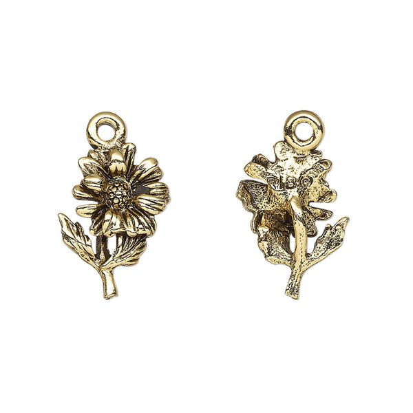 Charm, antique gold-plated pewter (tin-based alloy), 17x12mm single-sided sunflower. Sold per pkg of 2. image number 0