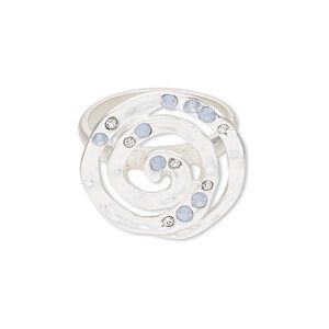 Ring, acrylic rhinestone / glass rhinestone / silver-plated "pewter" (zinc-based alloy), clear and opalescent blue, 23mm matte swirl, size 9. Sold individually.