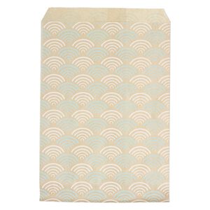 Bag, paper, brown, white and blue, 7x5 inch rectangle with fan-print and scalloped top edge. Sold per pkg of 100.