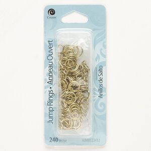 Jump ring mix, steel, pkg/240, gold finish, 4mm/6mm/8mm open round, 2.8-6.3mm inside diameter, 18-21 gauge.