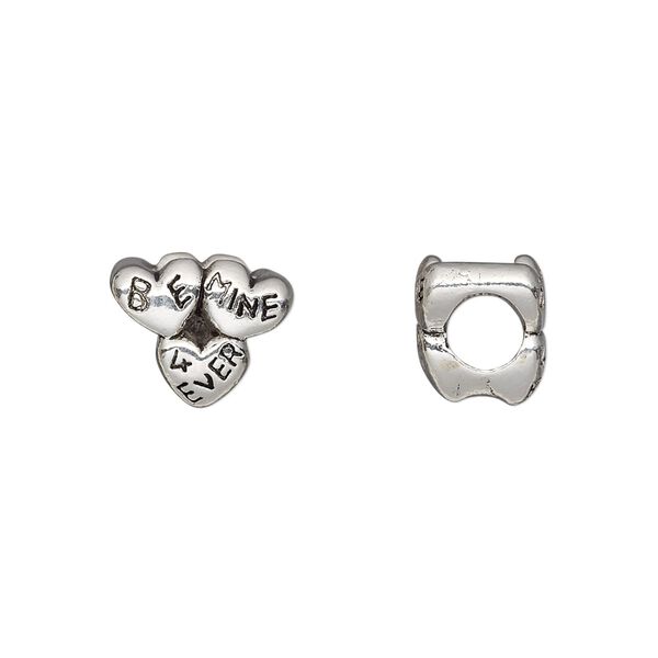 Bead, antique silver-plated pewter (tin-based alloy), 12x9mm double-sided hearts with "BE MINE 4 EVER," 5mm hole. Sold individually. image number 0