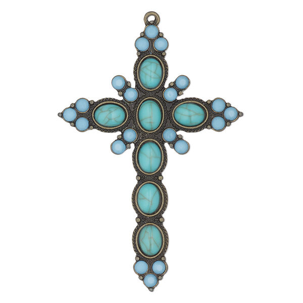 Focal, antique brass-finished "pewter" (zinc-based alloy), "turquoise" (imitation) resin and glass, turquoise blue, 2-3/4x2-inch single-sided cross. Sold individually. image number 0