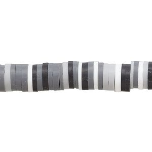 Bead, polymer clay, opaque black, grey and white, 8x2mm heishi. Sold per pkg of (2) 16-inch strands.