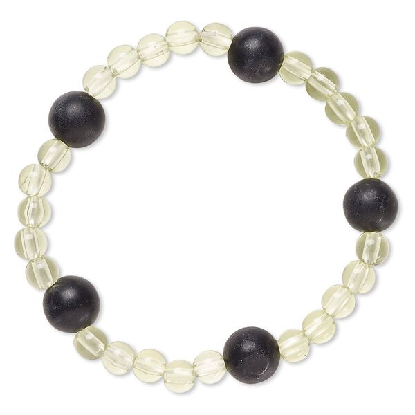 Bracelet, stretch, blackstone (dyed) and acrylic, light green, 5mm and 9-10mm round, 6 inches. Sold individually. image number 0