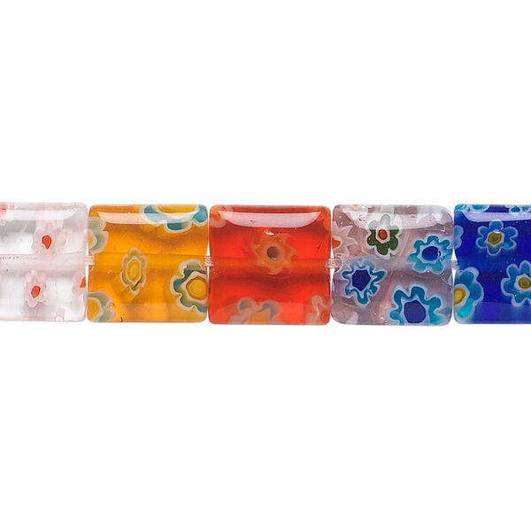 Bead, millefiori glass, multicolored, 10mm flat square. Sold per 15-1/2" to 16" strand. image number 0