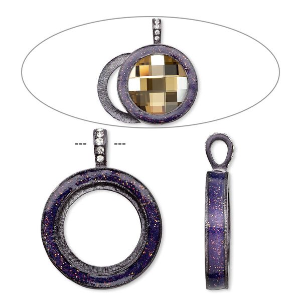Pendant, Almost Instant Jewelry®, epoxy / crystals / gunmetal-finished "pewter" (zinc-based alloy), amethyst purple and crystal clear with glitter, 45x35mm single-sided with 30mm round setting. Sold individually. image number 0