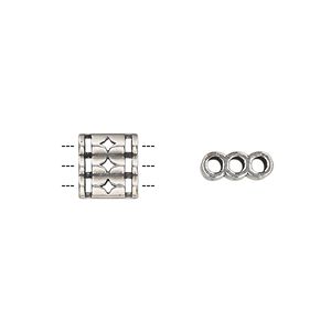 Spacer, antique silver-plated brass, 9.5x8.5mm double-sided 3-strand triple round tube with diamond cutout design, fits up to 2mm bead. Sold individually.