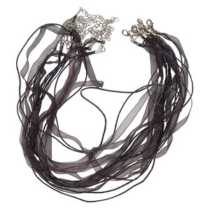 Necklace cord, organza / cotton / silver-finished steel, black, 7mm wide ribbon with 1mm round cord, 16 inches with 1-1/2-inch extender chain and lobster claw clasp. Sold per pkg of 10.