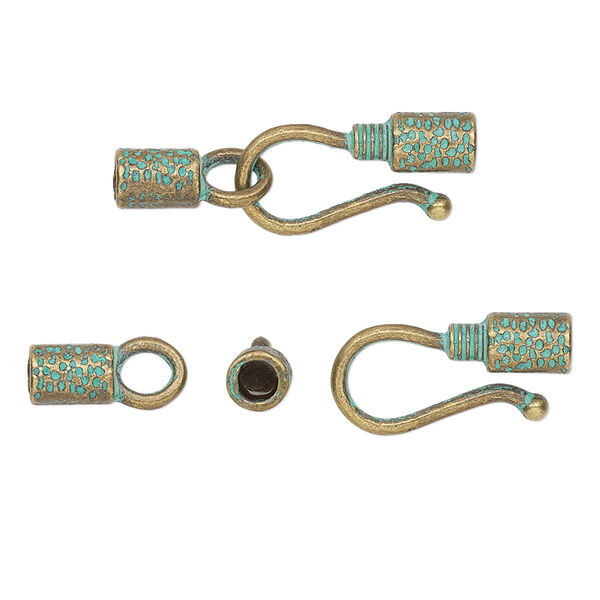 Clasp, hook-and-eye, antique brass-plated "pewter" (zinc-based alloy), green patina, 27x9mm hammered tube with rope design and textured designs with glue-in cord ends, 2.5mm inside diameter. Sold per pkg of 10. image number 0