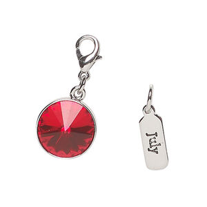 Charm assortment 1pkg2, silver-finished brass and crystal, light Siam, 12x5mm rectangle and 13mm round with lobster claw clasp (July birthstone).
