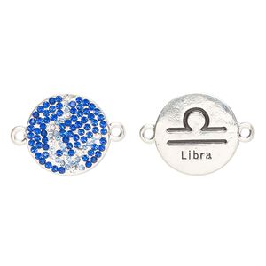 Link, "pewter" (zinc-based alloy)/enamel/cubic zirconia, pkg/1, antique silver finish and mixed colors, 20mm round 2-sided with "Libra" and  zodiac symbol.