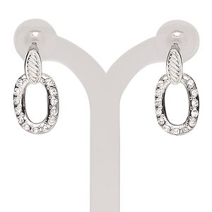 Earring, glass rhinestone / stainless steel / imitation rhodium-plated "pewter" (zinc-based alloy), clear, 24mm with oval and post. Sold per pair.