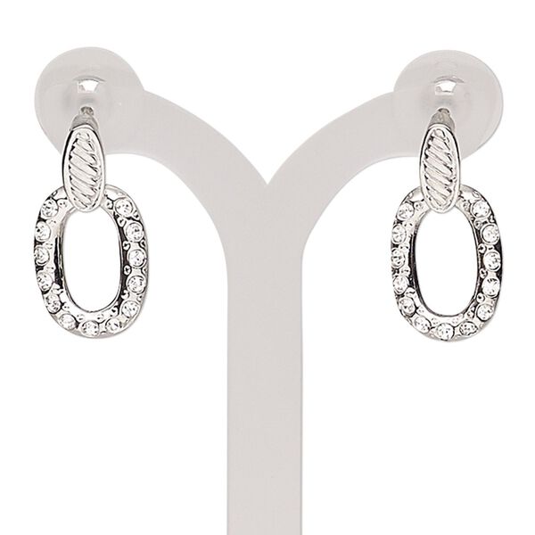 Earring, glass rhinestone / stainless steel / imitation rhodium-plated "pewter" (zinc-based alloy), clear, 24mm with oval and post. Sold per pair. image number 0