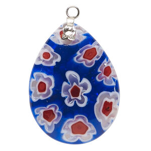 Millefiori glass 1pkg1, silver finish puffed teardrop focal cobalt blue, red and white 36x25-38x28mm