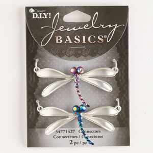 Focal assortment, matte silver-colored copper / black-finished brass / glass, pink and blue AB , 53x28mm dragonfly with 2 loops. Sold per pkg of 2.